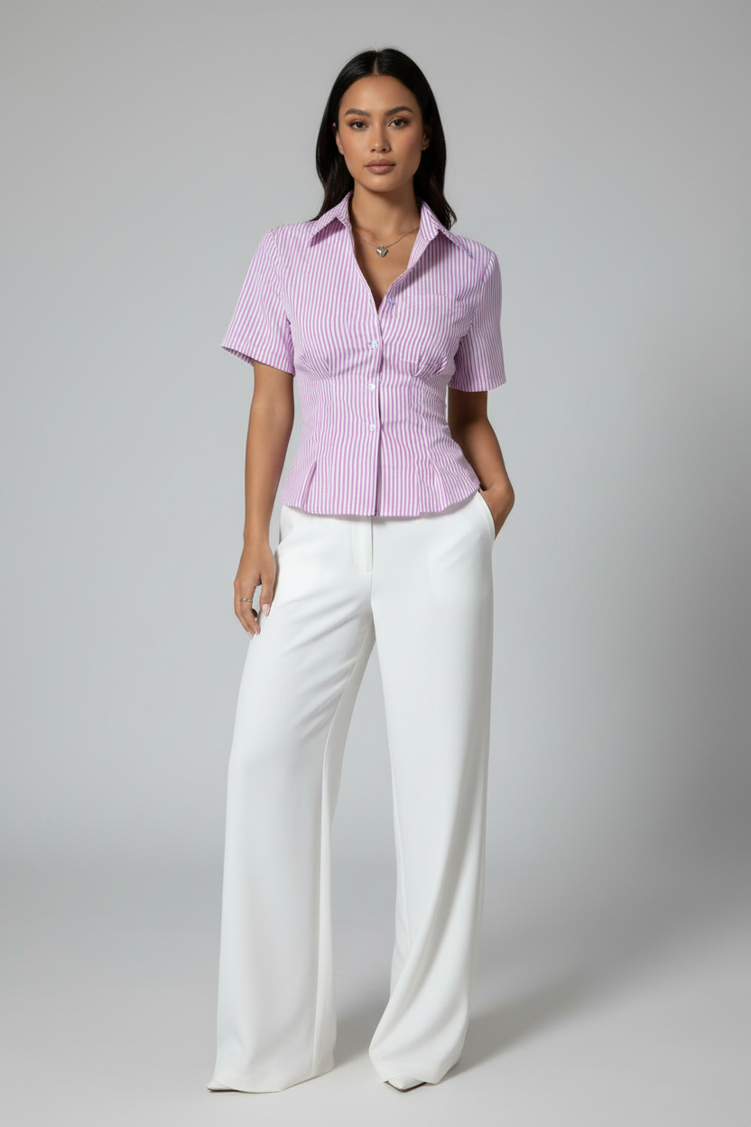 Aria Ruched Button-Down – Short Sleeve Tailored Blouse