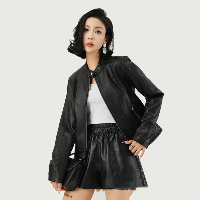 Slim-Fit Locomotive Style Faux Leather Jacket – Chic Commuter Moto Coat