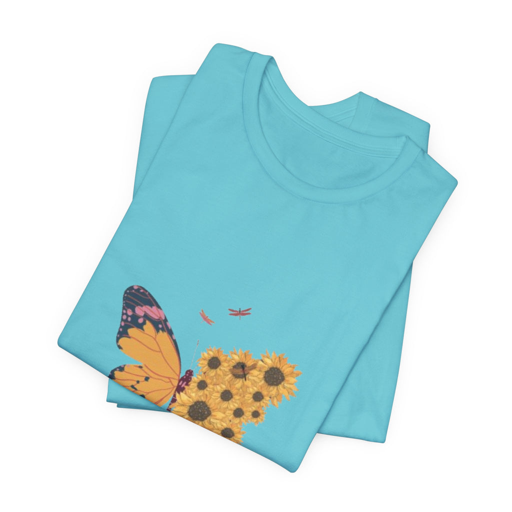 Butterfly Sunflower Tee — 'Over the Spring' Floral Graphic T-Shirt
