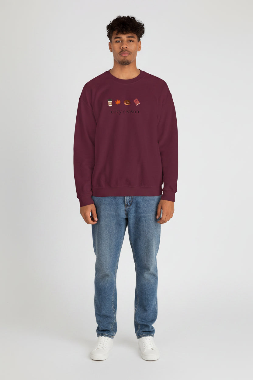 Autumn Cozy Crewneck Sweatshirt — Croissant, Maple Leaf & Coffee Design