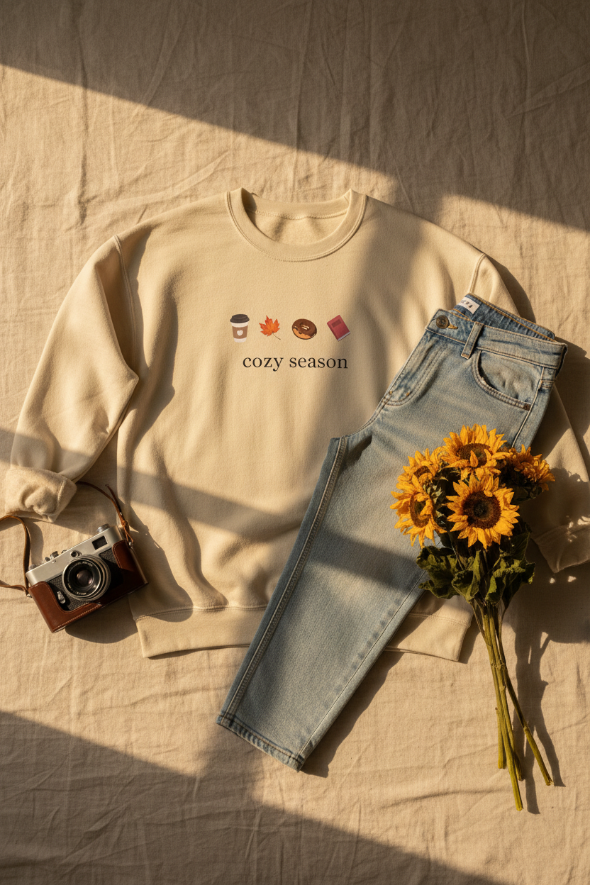 Autumn Cozy Crewneck Sweatshirt — Croissant, Maple Leaf & Coffee Design
