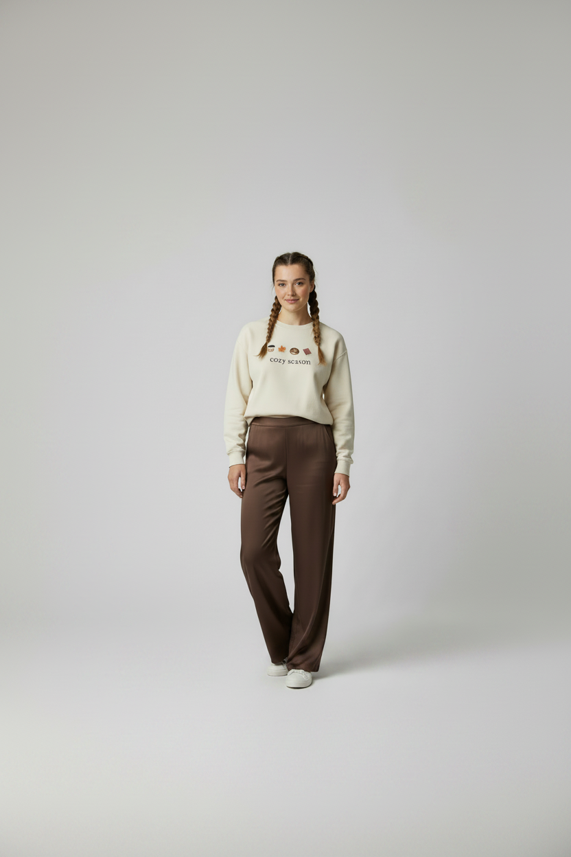Autumn Cozy Crewneck Sweatshirt — Croissant, Maple Leaf & Coffee Design