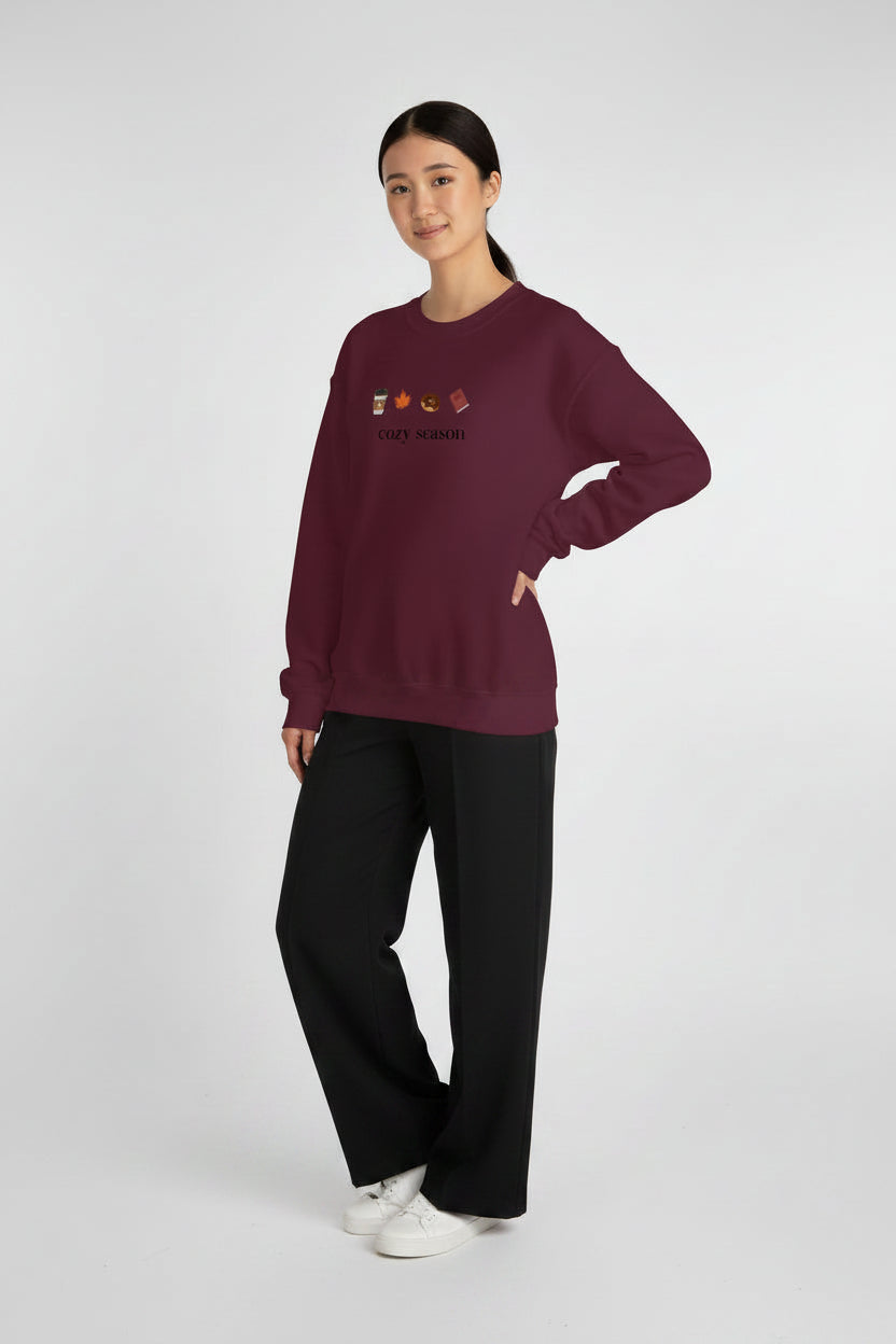Autumn Cozy Crewneck Sweatshirt — Croissant, Maple Leaf & Coffee Design