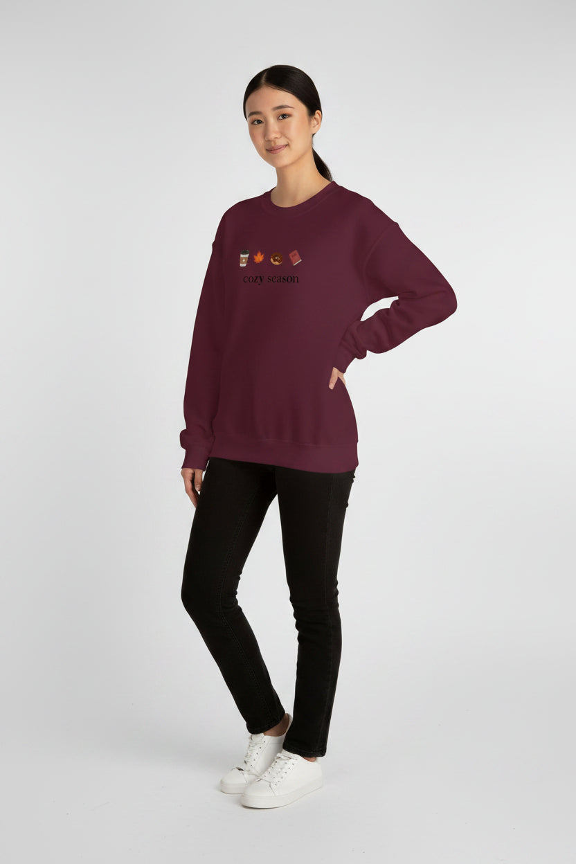 Autumn Cozy Crewneck Sweatshirt — Croissant, Maple Leaf & Coffee Design