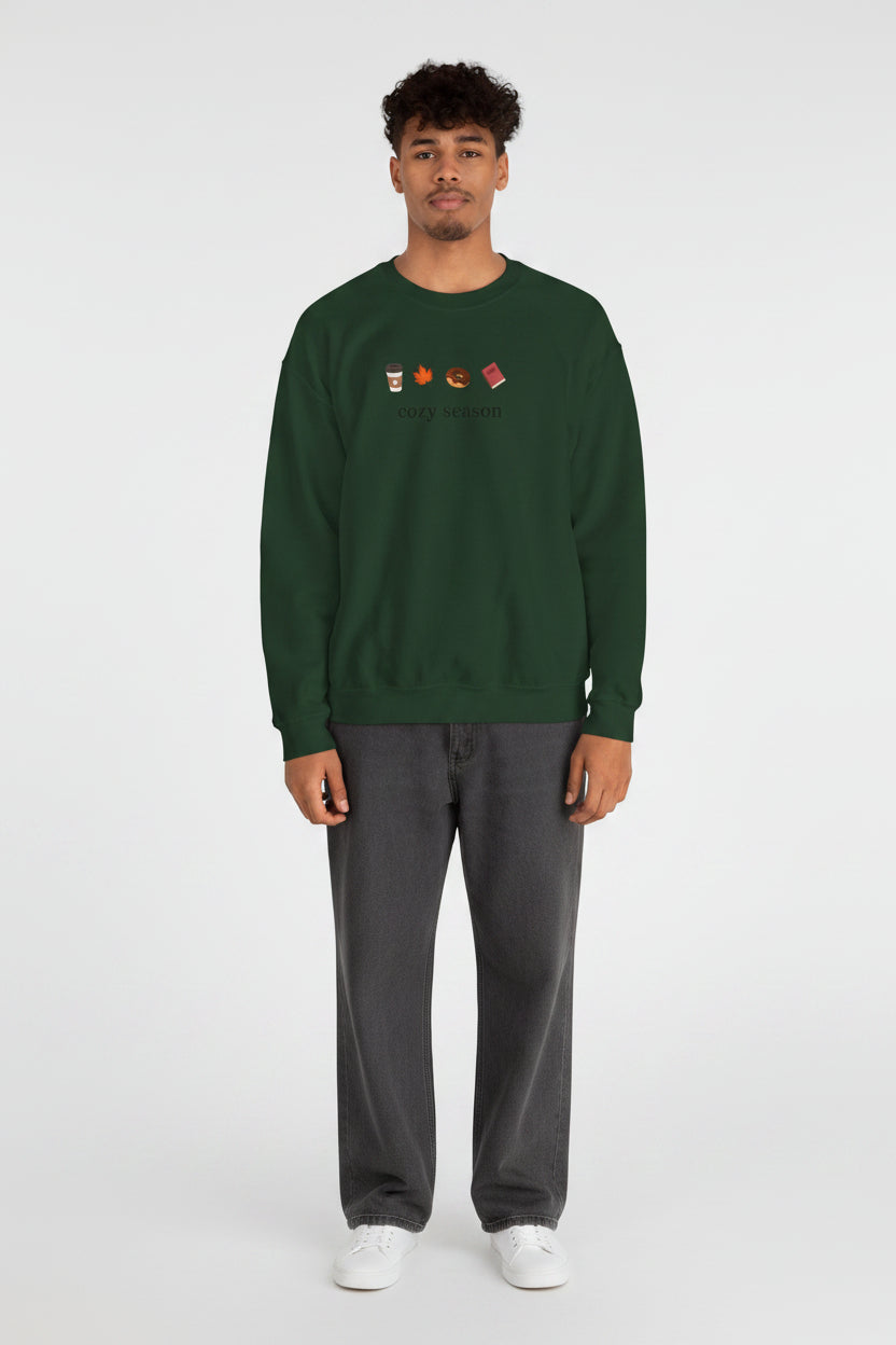 Autumn Cozy Crewneck Sweatshirt — Croissant, Maple Leaf & Coffee Design