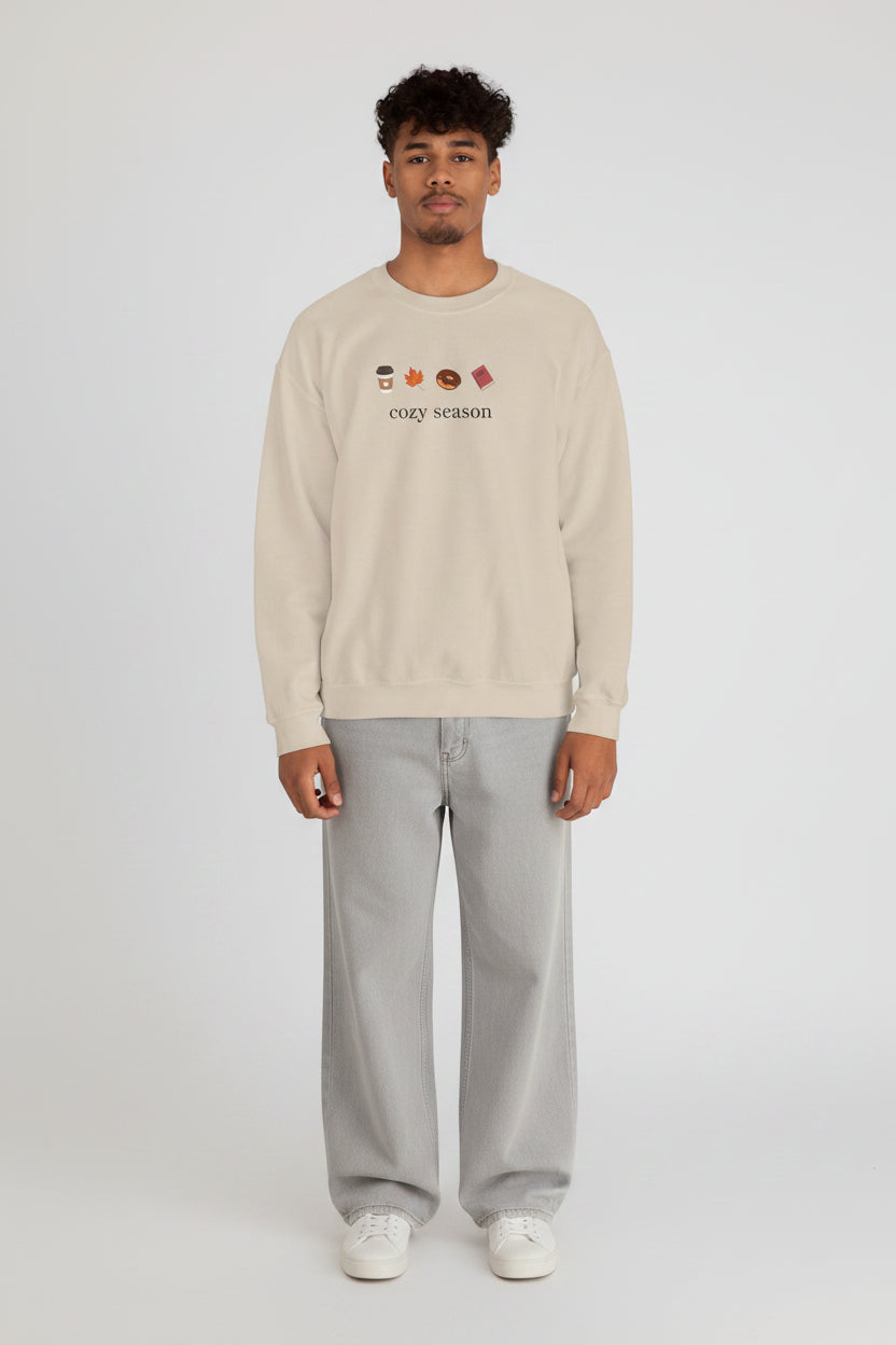 Autumn Cozy Crewneck Sweatshirt — Croissant, Maple Leaf & Coffee Design