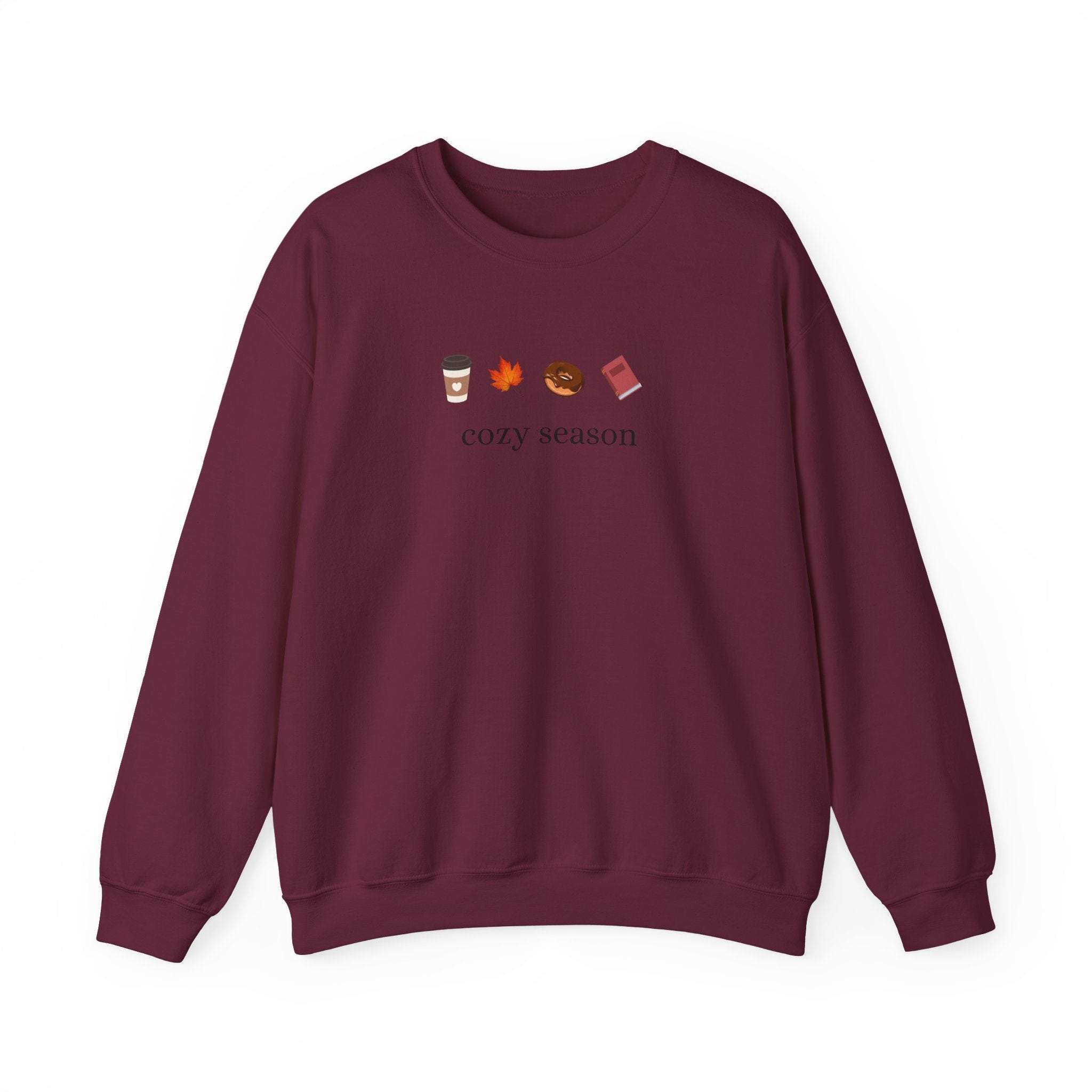 Autumn Cozy Crewneck Sweatshirt — Croissant, Maple Leaf & Coffee Design