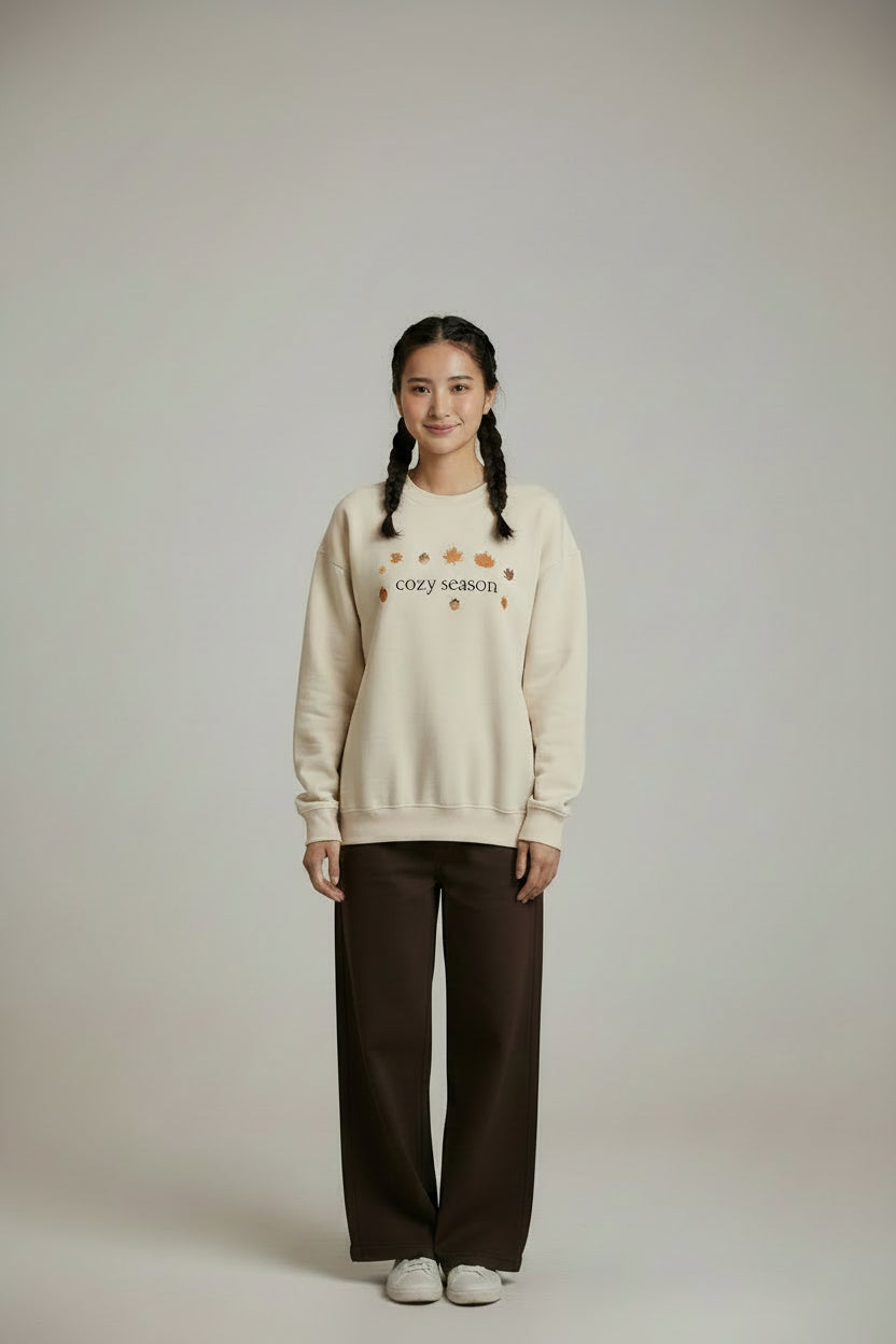 Autumn Cozy Crewneck Sweatshirt — Croissant, Maple Leaf & Coffee Design