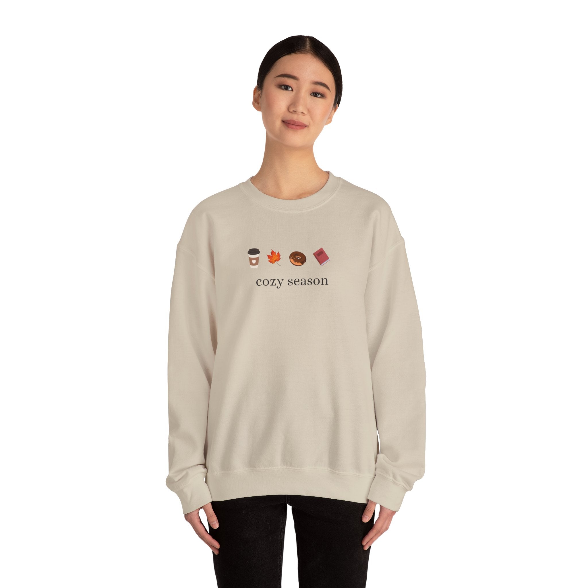 Autumn Cozy Crewneck Sweatshirt — Croissant, Maple Leaf & Coffee Design