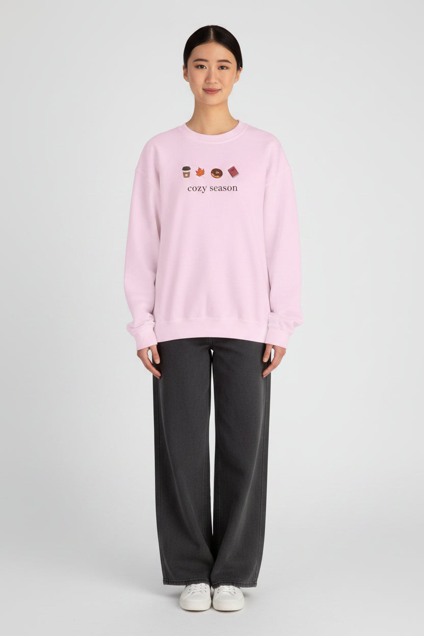 Autumn Cozy Crewneck Sweatshirt — Croissant, Maple Leaf & Coffee Design