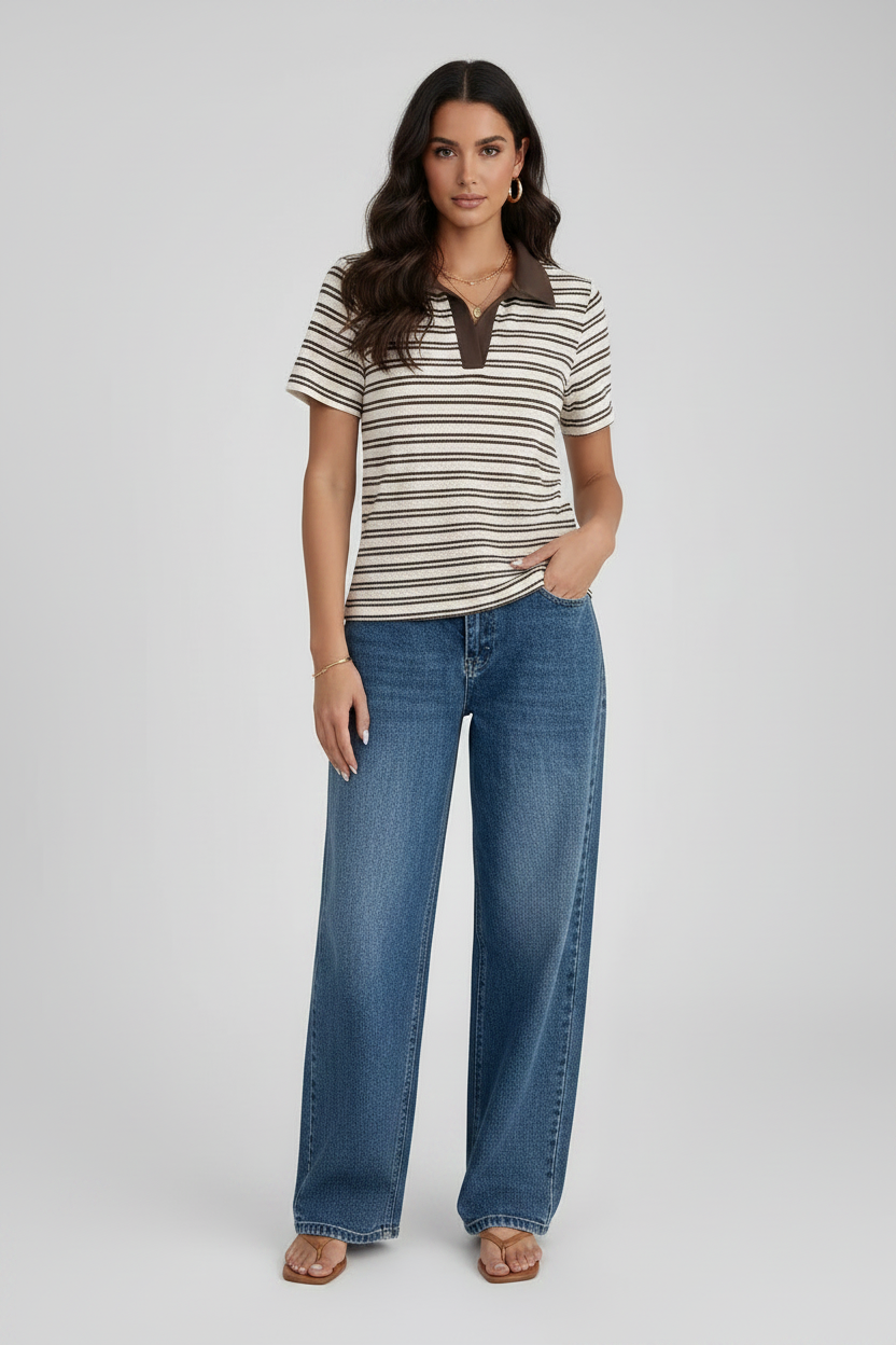 Women's Striped Polo Collar Short Sleeve Top – Casual Summer Top