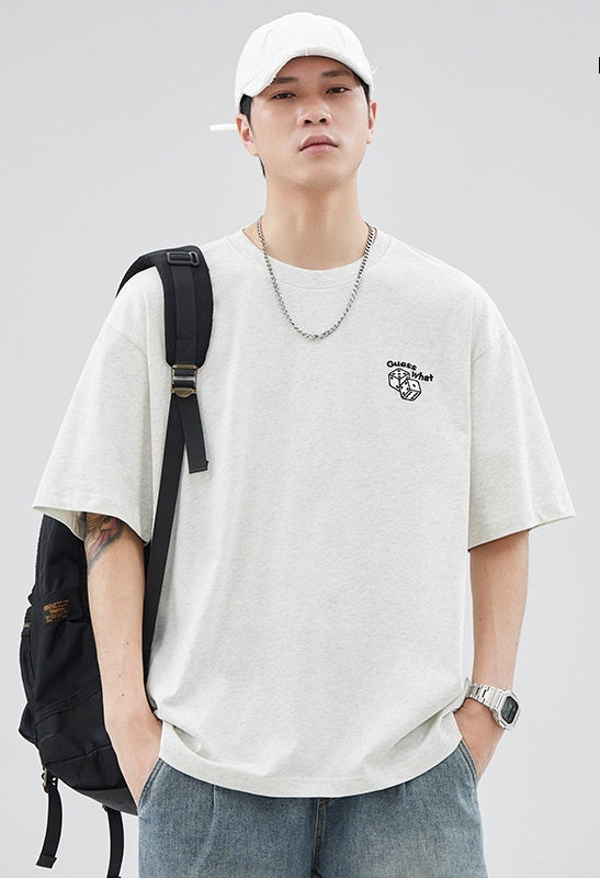 Men's Pure Cotton Embroidered T-Shirt - Japanese Minimalist Loose Fit Summer Top