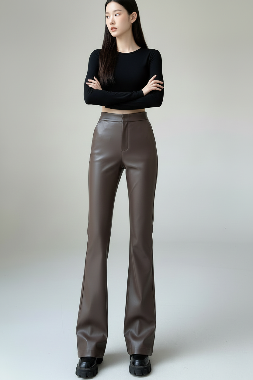 High-Waist Leather Bootcut Trousers – Slim-Fit Urban Commuter Pants