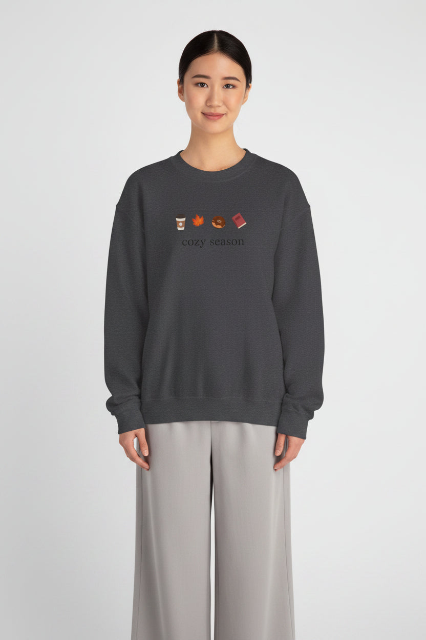 Autumn Cozy Crewneck Sweatshirt — Croissant, Maple Leaf & Coffee Design