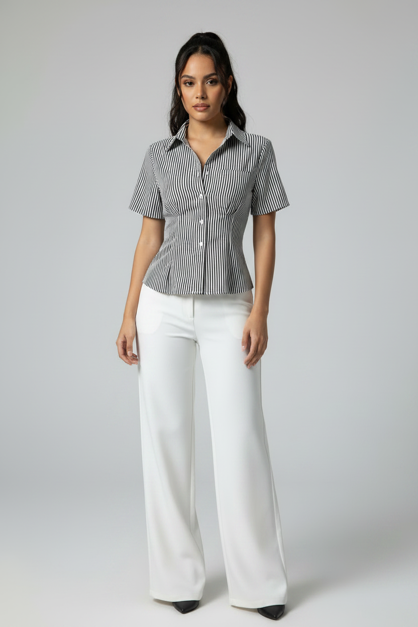Aria Ruched Button-Down – Short Sleeve Tailored Blouse