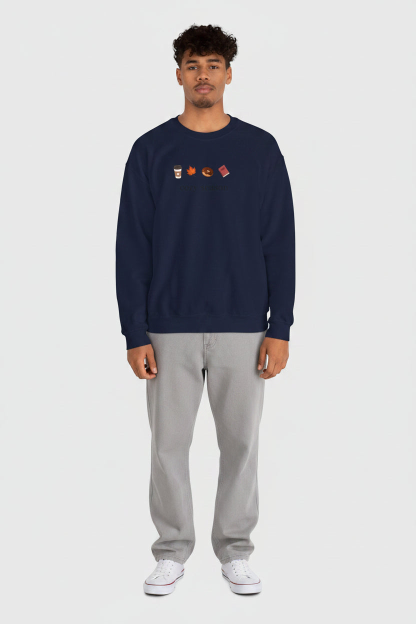 Autumn Cozy Crewneck Sweatshirt — Croissant, Maple Leaf & Coffee Design