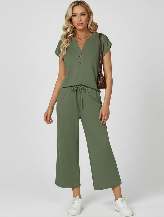 Notched Collar Lounge Set - Ultra-Soft Short Sleeve Top & Pants