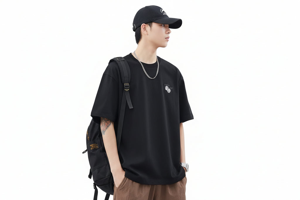 Men's Pure Cotton Embroidered T-Shirt - Japanese Minimalist Loose Fit Summer Top