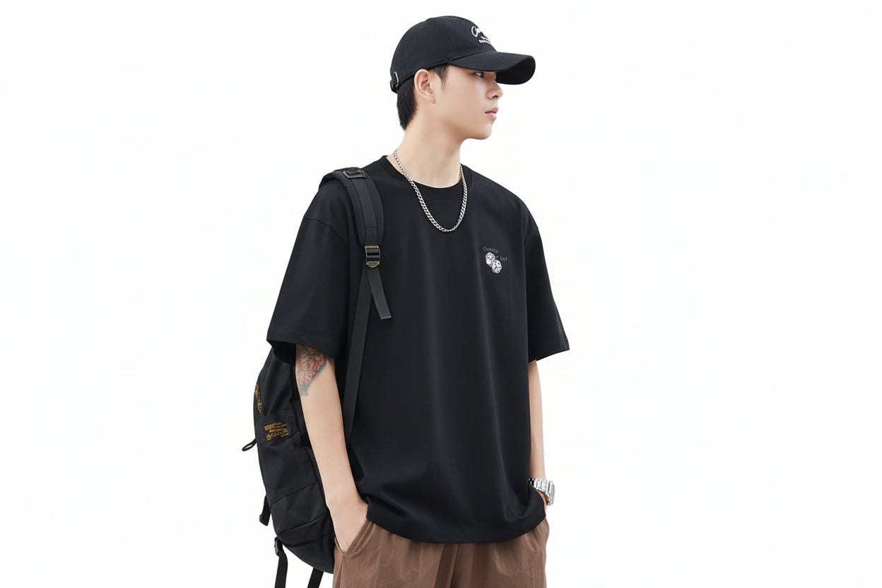Men's Pure Cotton Embroidered T-Shirt - Japanese Minimalist Loose Fit Summer Top