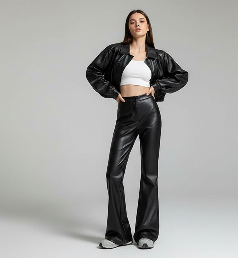 High-Waist Leather Bootcut Trousers – Slim-Fit Urban Commuter Pants