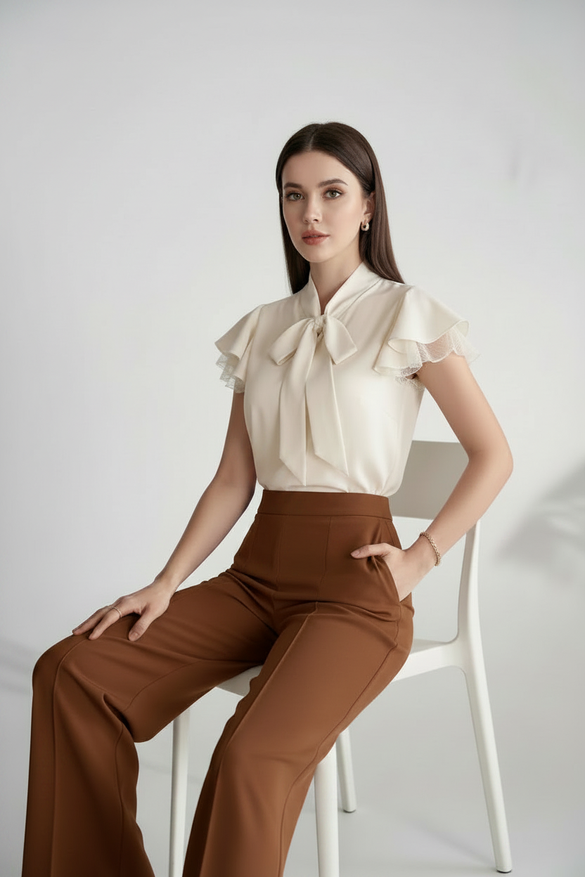 Women's Tie-Neck Ruffle Sleeve Blouse – Elegant Lace Detail Summer Top