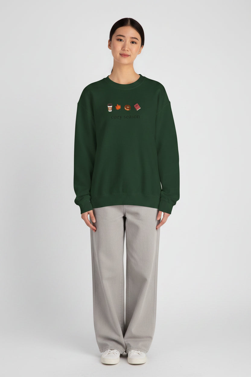 Autumn Cozy Crewneck Sweatshirt — Croissant, Maple Leaf & Coffee Design