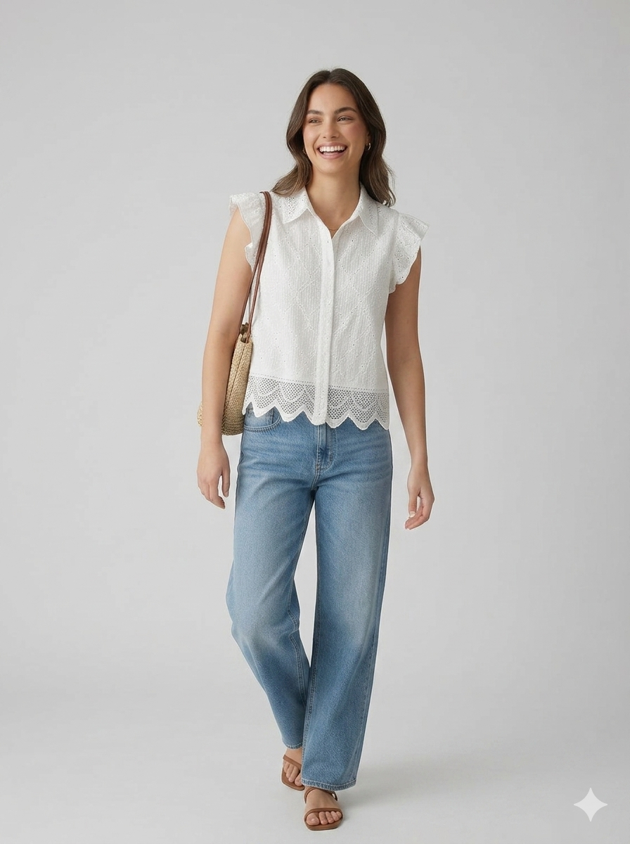 Lace-Trim Ruffle Sleeve Blouse – Elegant Button-Up Top