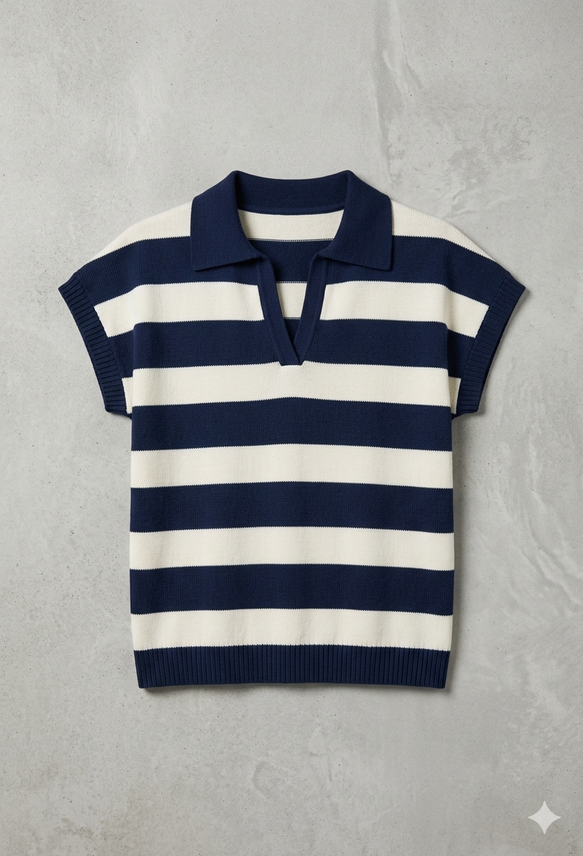 Coastal Knit Polo Sweater | Striped Collared Short Sleeve Pullover