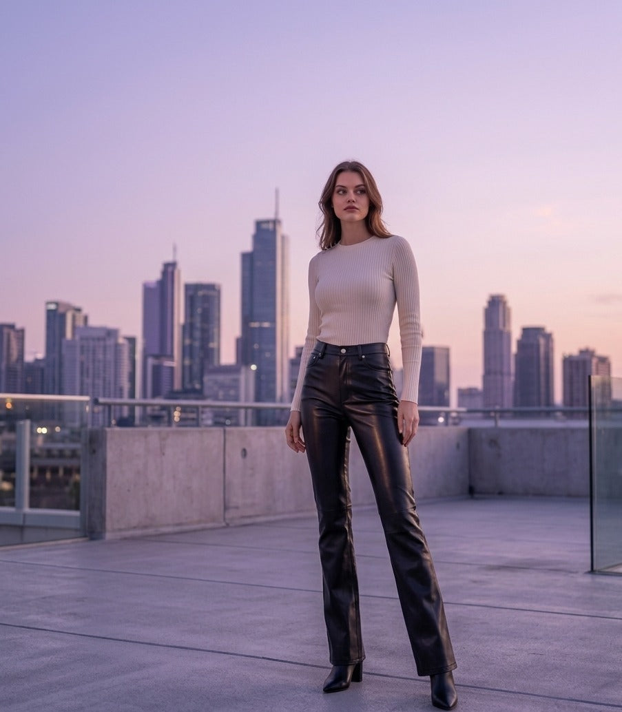 High-Waist Leather Bootcut Trousers – Slim-Fit Urban Commuter Pants