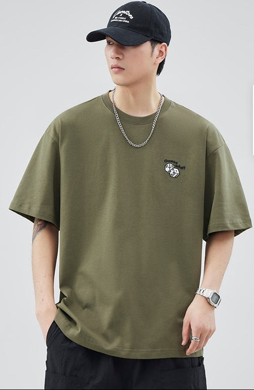 Men's Pure Cotton Embroidered T-Shirt - Japanese Minimalist Loose Fit Summer Top