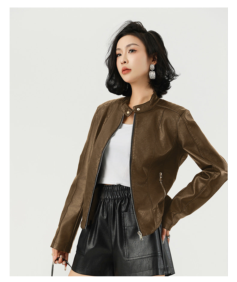 Slim-Fit Locomotive Style Faux Leather Jacket – Chic Commuter Moto Coat