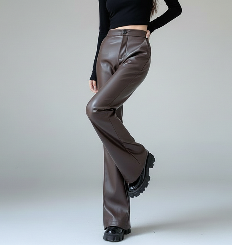 High-Waist Leather Bootcut Trousers – Slim-Fit Urban Commuter Pants