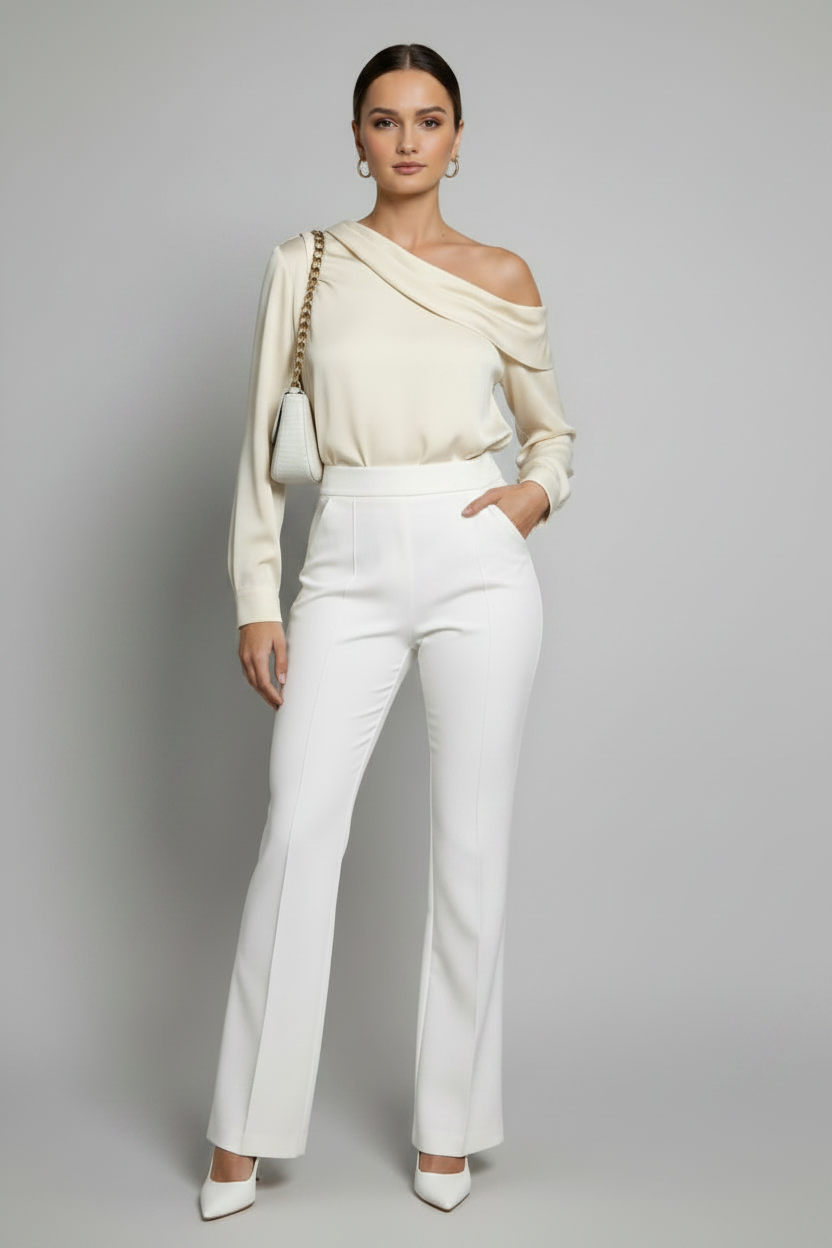 Women's One-Shoulder Long Sleeve Satin Blouse – Elegant Asymmetric Summer Top
