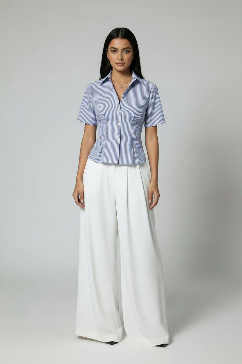 Aria Ruched Button-Down – Short Sleeve Tailored Blouse