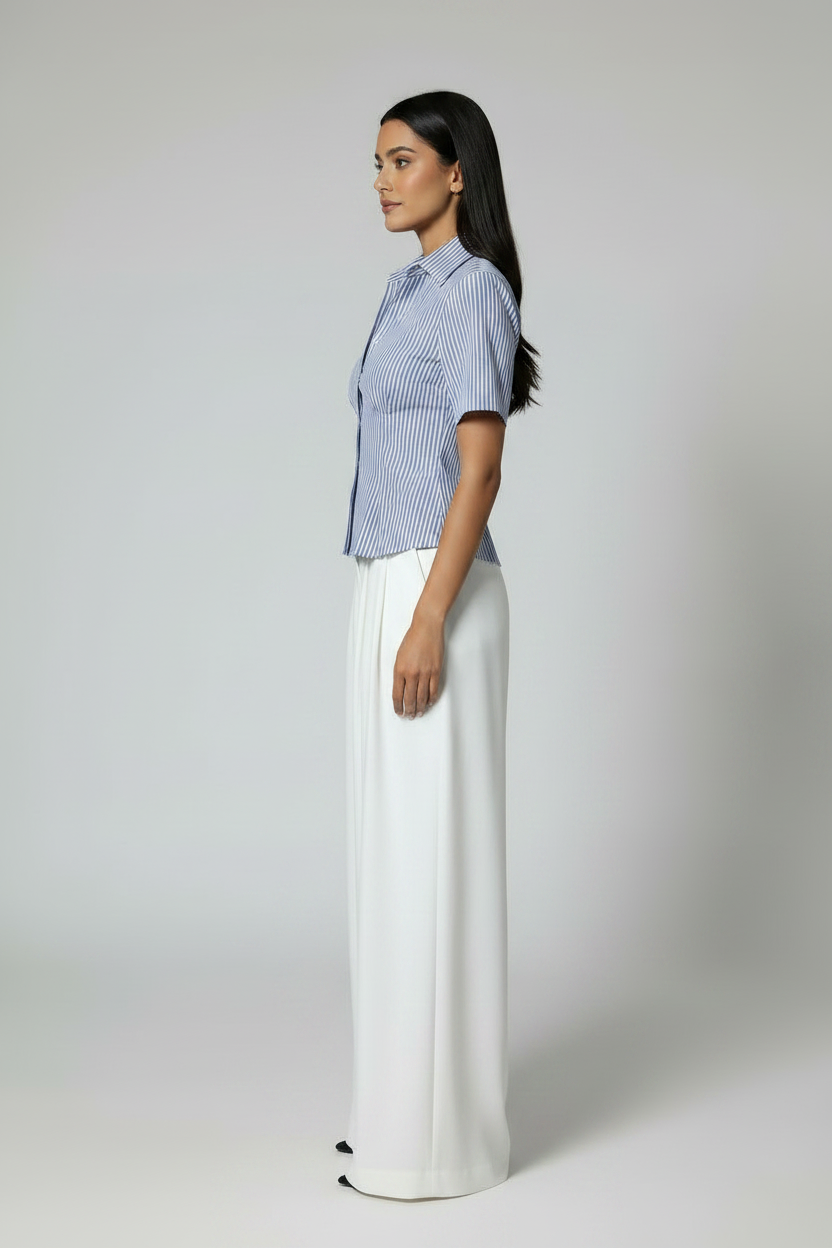 Aria Ruched Button-Down – Short Sleeve Tailored Blouse