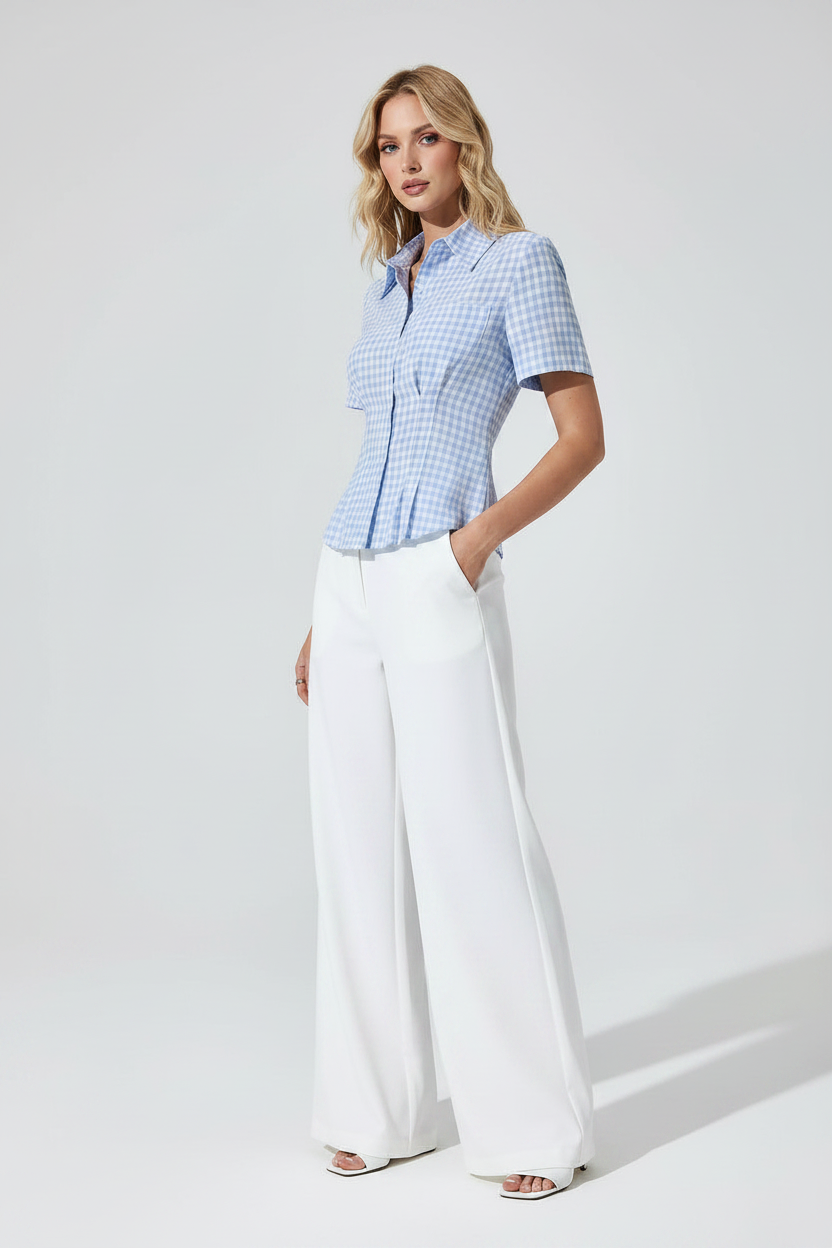 Aria Ruched Button-Down – Short Sleeve Tailored Blouse