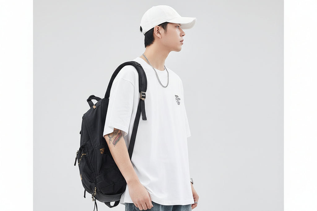 Men's Pure Cotton Embroidered T-Shirt - Japanese Minimalist Loose Fit Summer Top